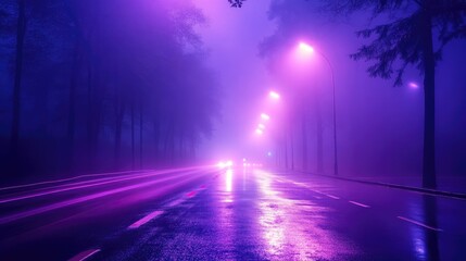 Wall Mural - ultra violet foggy street with wet asphalt illuminated by searchlight and laser beams