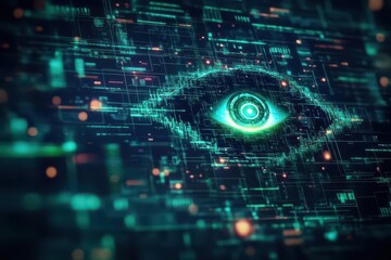 Leinwandbilder - A glowing eye emerging from a digital matrix background, Futuristic, Green and black, Holographic effects, Sharp focus on data streams