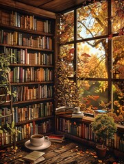 Poster - A warm and inviting space with bookshelves, a steaming cup of coffee, and a picturesque autumn view through the window. Generative AI