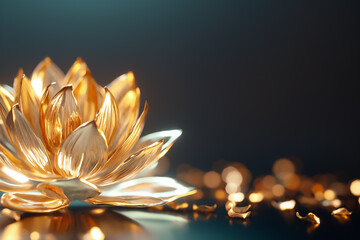 Sticker - A beautifully crafted golden lotus sits gracefully against a black backdrop, its shimmering petals catching the light and evoking a sense of tranquility and elegance