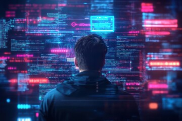 Aufkleber - A tech support worker surrounded by floating code and holographic computer interfaces, cyberpunk, dark moody lighting, futuristic digital painting