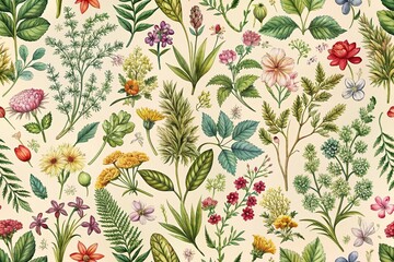 Floral seamless pattern with vintage botanical elements