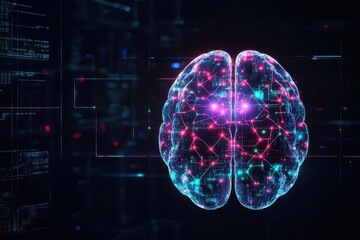 Aufkleber - Futuristic brain scan with neural connections lighting up in vibrant neon colors, 3D render, black background, glowing holographic data lines