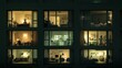 © fotofabrika - Residents in an apartment building engage in various evening activities during a quiet night showcasing nighttime routines