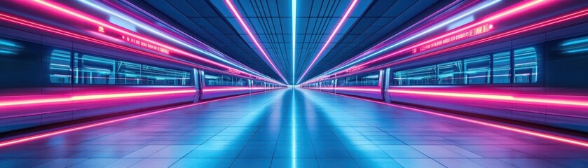 Fototapete - Futuristic train station, glowing neon lights, sleek transportation design, advanced urban atmosphere