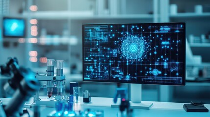 Leinwandbilder - Hightech laboratory, holographic screens, sleek modern architecture, advanced AI background