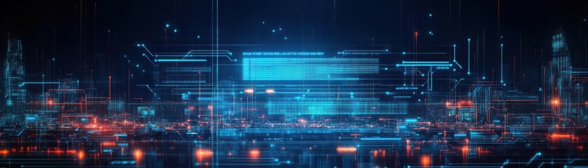 Poster - Neon holographic data, futuristic city backdrop, dark ambient glow, technology interface