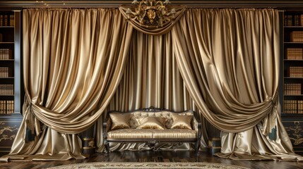 Luxurious living room interior with a gold velvet curtain backdrop, a sofa and bookcases.