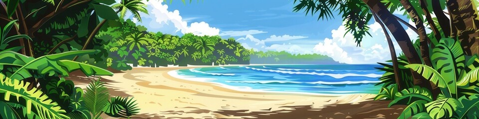Fototapete - Lush greenery from the tropical forest transitions beautifully to a sandy beach, where gentle waves lap at the shore under a bright sky. Generative AI