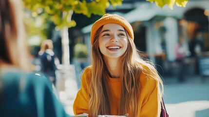 positive cheerful girl go walk with friends , picnic in town center; they are talking and laughing together on weekend outdoor scene