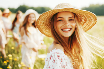 positive cheerful girl go walk with friends , picnic in the countryside; women smile and have fun on a warm summer day