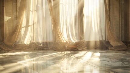 sunlight streams through sheer curtains in a modern room with tiled floor.