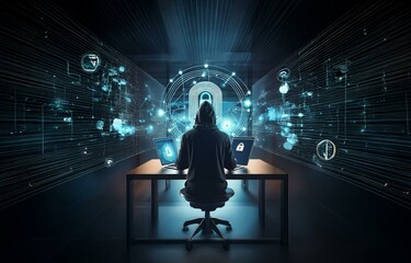 Poster - A hooded figure sits at a desk in a dark room, with a glowing blue circle behind them and two laptops displaying lock icons.