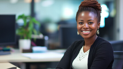 Smiling african woman sits in her office 