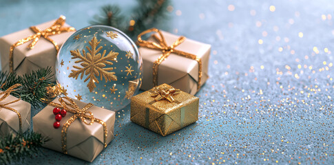 Golden gift boxes and ornaments composition for christmas on a sparkling blue background with space for text