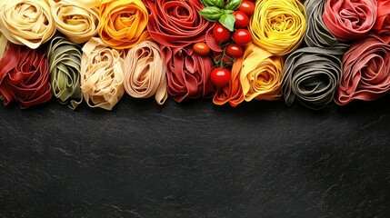 Wall Mural - A colorful assortment of fresh pasta and classic Italian ingredients, including olives, tomatoes, and basil leaves, beautifully arranged on a dark wooden table for a warm, inviting look.