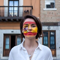 Woman  painted national flag of spain in her face