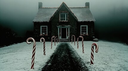 A mystical journey through a dark enchanted forest filled with glowing candy canes leading towards a beautifully adorned house in snow.