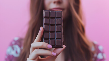 Wall Mural - A woman is holding a chocolate bar in her hand. Concept of indulgence and pleasure, as the woman is holding a delicious treat. The pink background adds a touch of warmth and sweetness to the scene