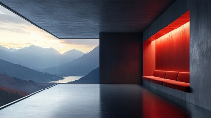 minimalistic modern interior with cherry red decorative elements. the concrete wall is dark gray, there is a large window with a view of the mountains