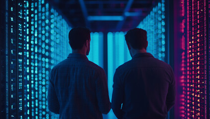 Two IT Professionals in Data Center Surrounded by Rows of Colorfully Lit Server Racks