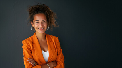 young smile business woman orange outfit empty grey background copy space billboard