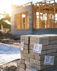 Wall Mural - stack of concrete foundation blocks with price tags attached. partially constructed foundation wall 