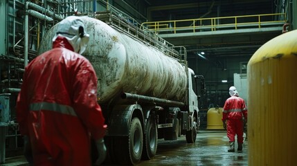 Two Industrial Workers Walking Past a Large Tank Truck