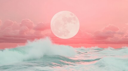 Wall Mural - a tranquil setting highlights a large sun casting a pink hue over gentle waves, with fluffy clouds s