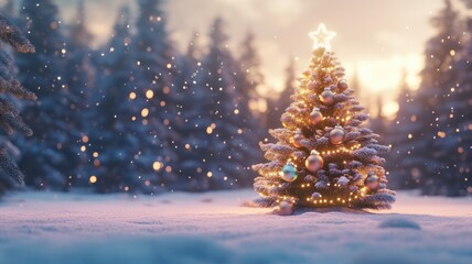 3D Christmas tree with oversized ornaments and soft glowing lights in a snow-covered scene, capturing the magic of a winter holiday night. Christmas