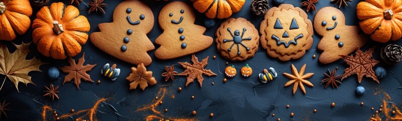 Wall Mural - Many cookies that are decorated like ghosts and pumpkins, halloween holiday, food background