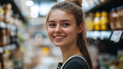 happy young female supermarket worker standing inside the grocery store smiling at the camera showing her positive and professional demeanor while assisting customers in a retail environment