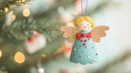 Sticker - A beautiful Christmas angel ornament dangles from a festive tree, surrounded by sparkling lights and holiday decorations