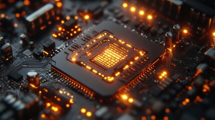 Close-up of glowing microchip on a circuit board, showing modern technology, electronic innovation, futuristic tech design, high-tech hardware, AI processing unit, cyber electronics, digital