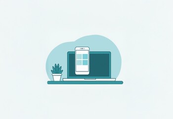 Aufkleber - A laptop with a smartphone resting on top of it, a small plant in a pot on a desk, all on a light blue background.