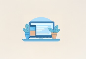 Aufkleber - A laptop, smartphone, and two potted plants are sitting on a table.