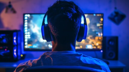 A young man wearing headphones plays a computer game and wins. He stares at the monitor. He is watching a cybersport club. He records a live stream. Pink neon light. Cybersport. Professional player.