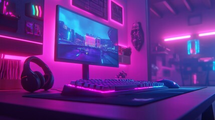 Gamers' desk with gaming pc, headset, gaming keyboard, gaming mouse, 2K monitor, neon light, blur effect, immersive gaming experience, and gamer wallpaper background