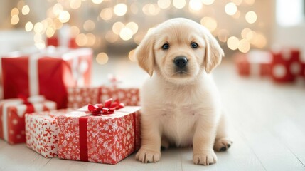 Sticker - A cute puppy sits surrounded by colorful Christmas gifts, creating a heartwarming holiday atmosphere