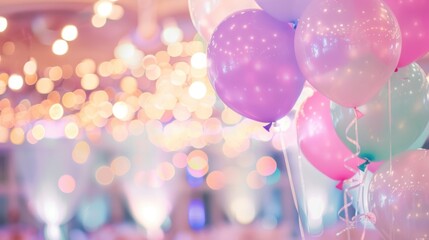 Pink and purple balloons glow softly under warm lights, enhancing the joyful ambiance of the celebration taking place