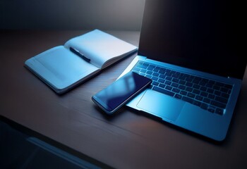 Aufkleber - A laptop, a notebook, and a smartphone are arranged on a wooden desk in a dimly lit room.