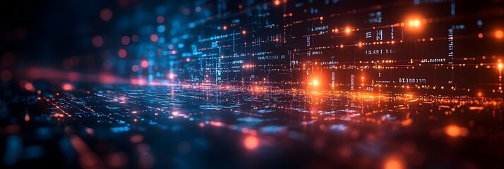 Leinwandbilder - Dramatic and visually striking futuristic digital landscape featuring a complex network of streaming data,glowing neon lights,and a sense of depth and movement.