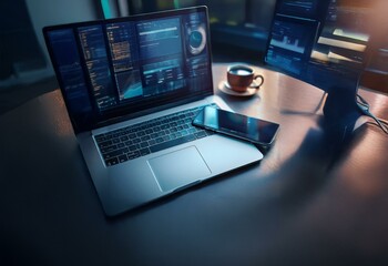 Aufkleber - A laptop, smartphone, and a cup of coffee sit on a dark wooden desk.