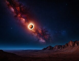 Wall Mural - view of a planetary system. a large, ringed planet dominates the sky, while a smaller blue planet an