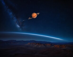 Wall Mural - view of a planetary system. a large, ringed planet dominates the sky, while a smaller blue planet an