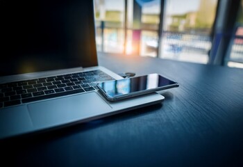 Poster - A closed laptop computer and a smartphone rest on a dark wooden table.