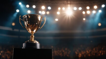 A large golden trophy placed on a winner podium, surrounded by bright stage lights