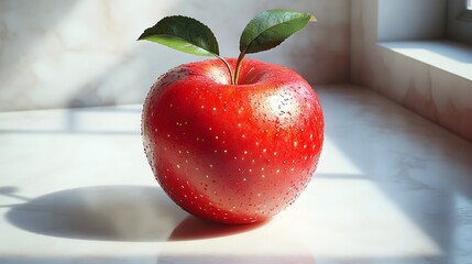 Poster - Freshly Picked Ripe Red Apple with Glossy Skin Sitting on Window Sill with Natural Sunlight and Reflection. Healthy Autumn Harvest Fruit in Simple,Minimalist Food Photograph.