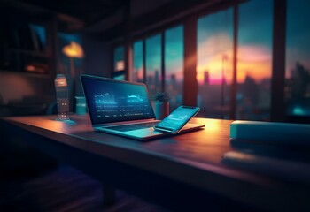 Aufkleber - A laptop and a smartphone with glowing screens sit on a wooden table.  A large window behind the devices shows a colorful sunset over the city.