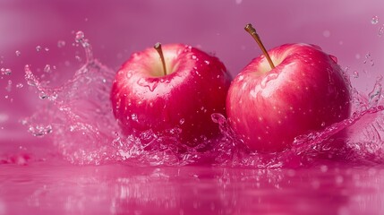 Fresh red apples create a splash in water droplets against a vibrant pink background during a playful moment of fun